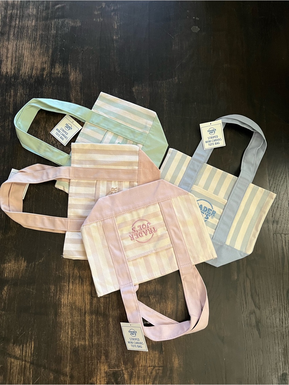 New Trader Joe's Mini Canvas Pastel Stripe Tote Bags Reusable Set all 4 colors
